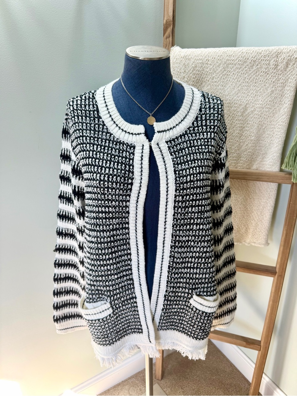 Talbots Black White Mixed Knit Open Front Fringed Hem Cardigan Sweater Size 2x